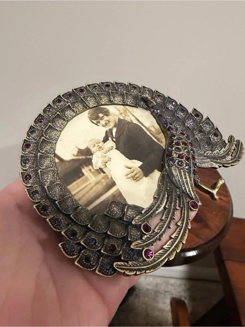 Pier 1 Imports Peacock Jeweled Rhinestone Picture Frame With Vintage Picture